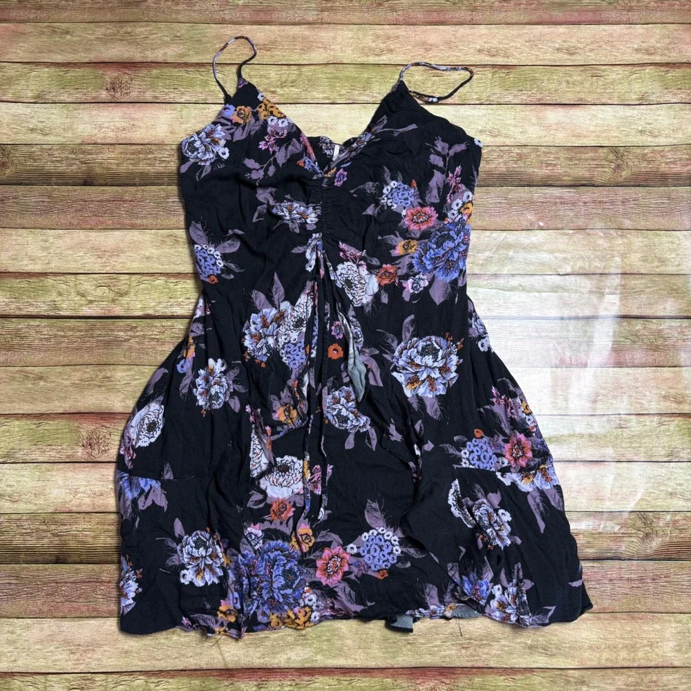 Free People Happy Heart Floral Smocked Mini Dress Black Purple Size Large L